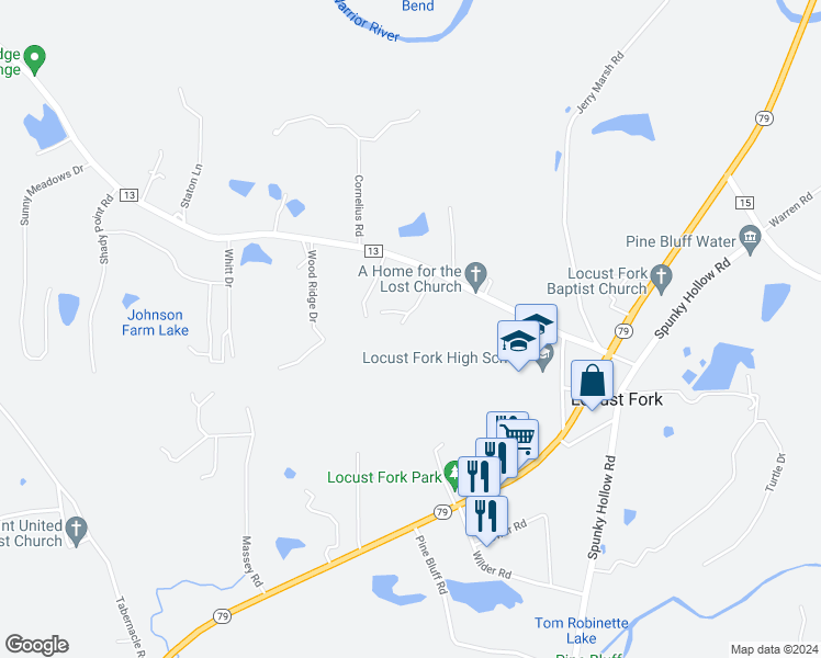 map of restaurants, bars, coffee shops, grocery stores, and more near 95 Shadow Lane in Locust Fork