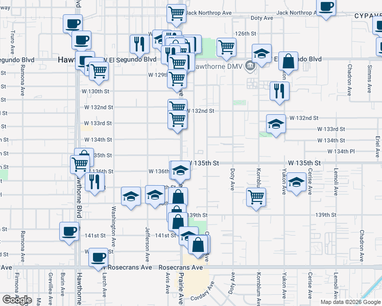 map of restaurants, bars, coffee shops, grocery stores, and more near 13439 Roselle Avenue in Hawthorne