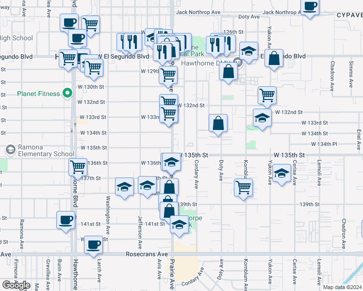 map of restaurants, bars, coffee shops, grocery stores, and more near 13439 Roselle Avenue in Hawthorne