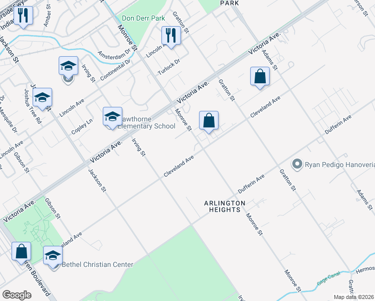 map of restaurants, bars, coffee shops, grocery stores, and more near 2540 Monroe Street in Riverside