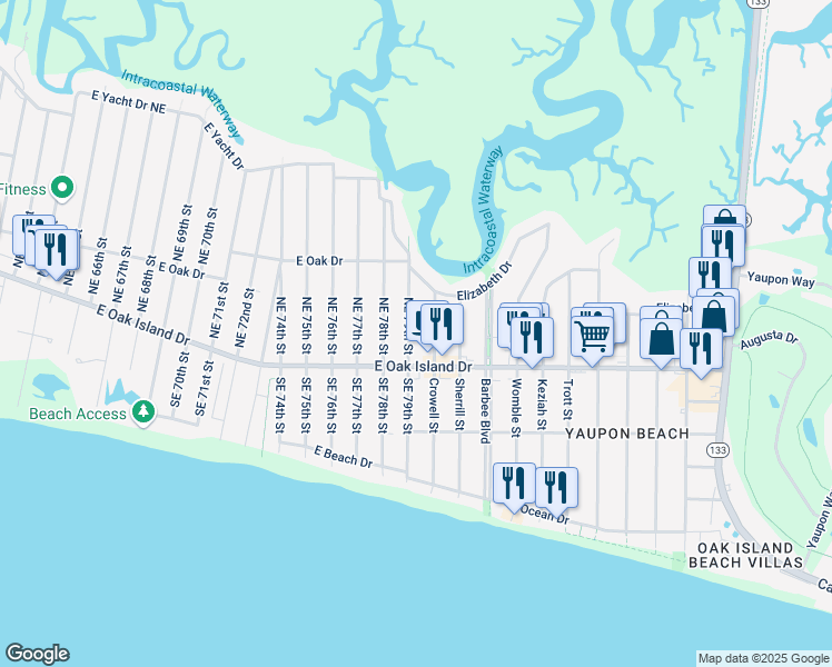 map of restaurants, bars, coffee shops, grocery stores, and more near 408 Northeast 79th Street in Oak Island
