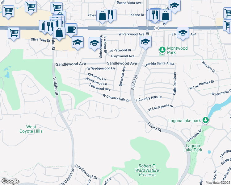 map of restaurants, bars, coffee shops, grocery stores, and more near 430 Teakwood Avenue in La Habra