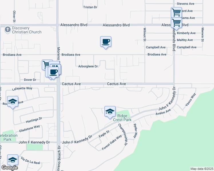 map of restaurants, bars, coffee shops, grocery stores, and more near 28422 Belleterre Avenue in Moreno Valley