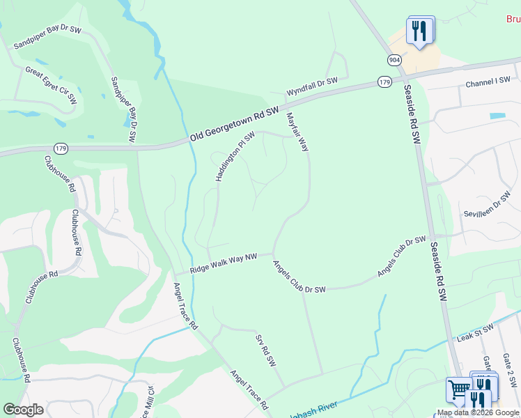 map of restaurants, bars, coffee shops, grocery stores, and more near 1039 Crosby Circle Southwest in Sunset Beach
