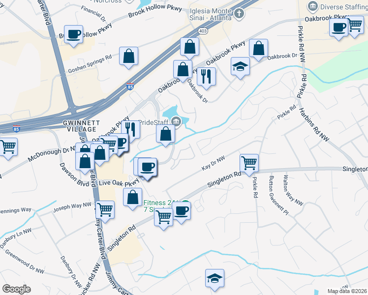 map of restaurants, bars, coffee shops, grocery stores, and more near 5989 Brookside Oak Circle in Norcross