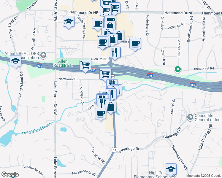 map of restaurants, bars, coffee shops, grocery stores, and more near 215 Northwood Drive in Atlanta