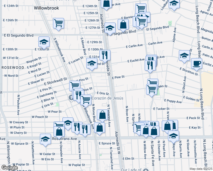 map of restaurants, bars, coffee shops, grocery stores, and more near 2615 East 135th Street in Compton