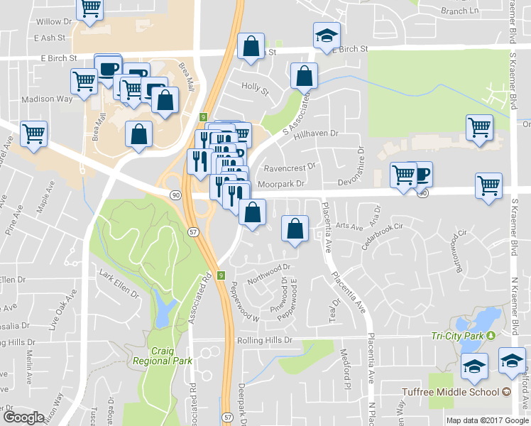 map of restaurants, bars, coffee shops, grocery stores, and more near 2939 Gingerwood Circle in Fullerton