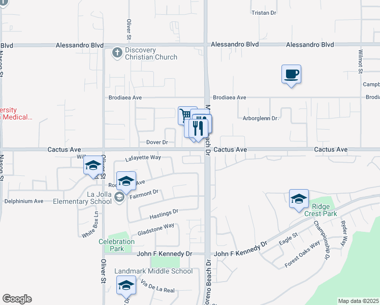 map of restaurants, bars, coffee shops, grocery stores, and more near 14485 Moreno Beach Drive in Moreno Valley