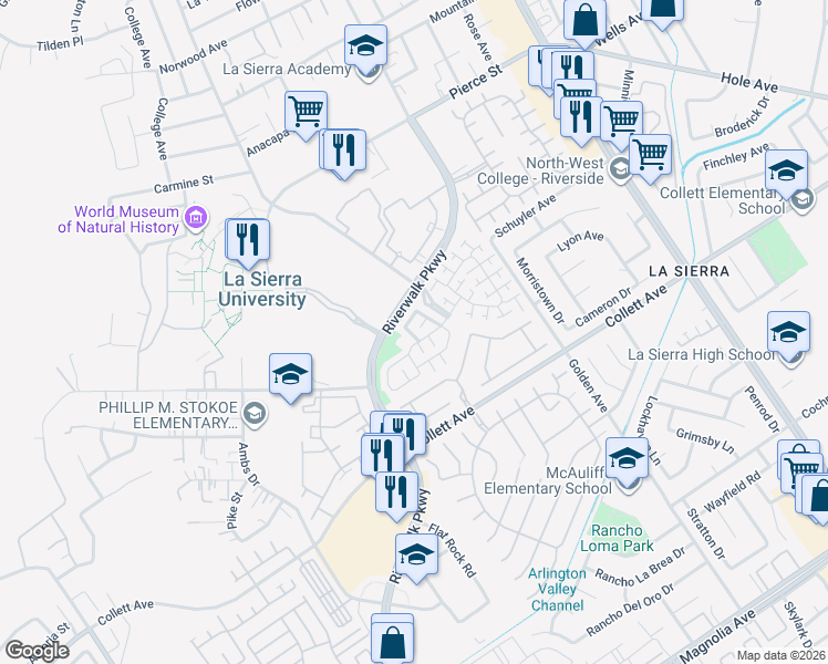 map of restaurants, bars, coffee shops, grocery stores, and more near 4549 Riverscape Drive in Riverside