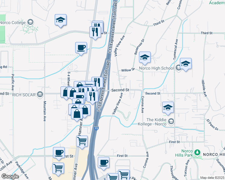 map of restaurants, bars, coffee shops, grocery stores, and more near 1982 Valley View Avenue in Norco