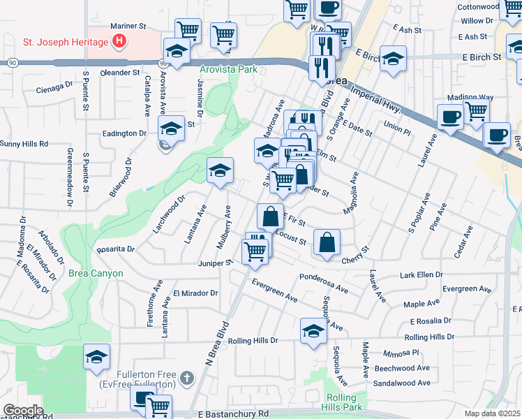 map of restaurants, bars, coffee shops, grocery stores, and more near 660 South Walnut Avenue in Brea