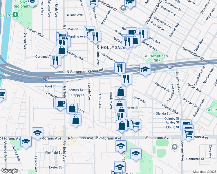 map of restaurants, bars, coffee shops, grocery stores, and more near 7830 Denver Street in Paramount