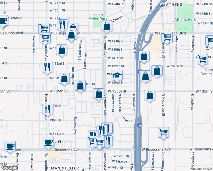 map of restaurants, bars, coffee shops, grocery stores, and more near 13324 Vermont Avenue in Gardena