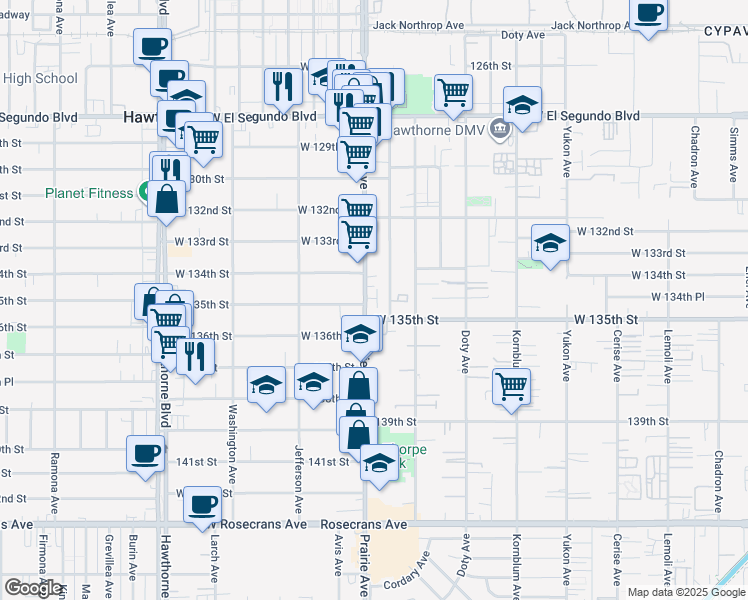 map of restaurants, bars, coffee shops, grocery stores, and more near 13413 Prairie Avenue in Hawthorne