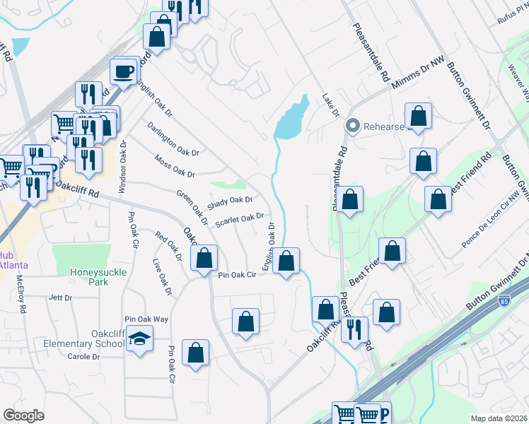 map of restaurants, bars, coffee shops, grocery stores, and more near 3335 Shady Oak Drive in Doraville