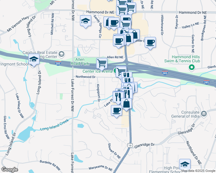 map of restaurants, bars, coffee shops, grocery stores, and more near 145 Northwood Drive in Atlanta