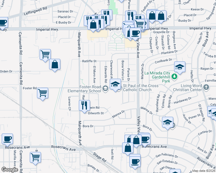map of restaurants, bars, coffee shops, grocery stores, and more near 13209 Clearwood Avenue in La Mirada