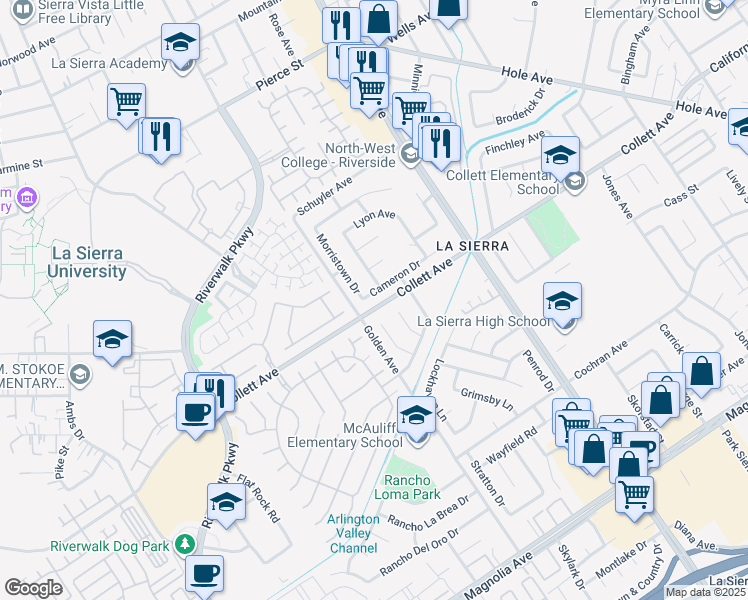 map of restaurants, bars, coffee shops, grocery stores, and more near 11268 Cameron Drive in Riverside
