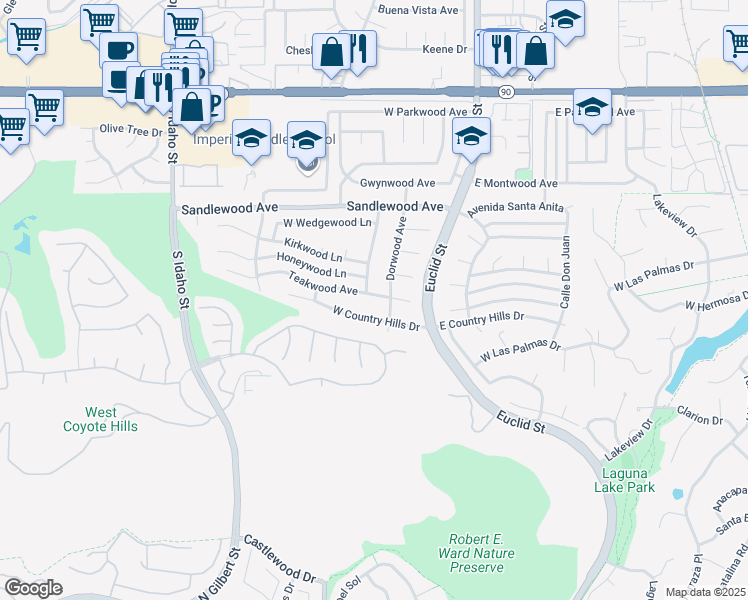 map of restaurants, bars, coffee shops, grocery stores, and more near 430 Teakwood Avenue in La Habra