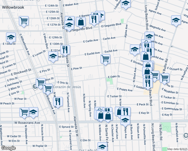 map of restaurants, bars, coffee shops, grocery stores, and more near 519 East Oaks Street in Compton