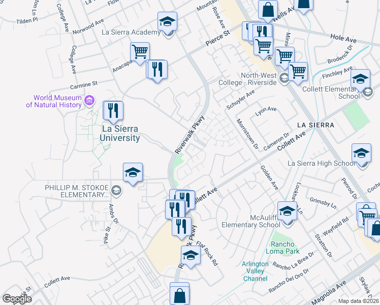 map of restaurants, bars, coffee shops, grocery stores, and more near 4549 Riverscape Drive in Riverside