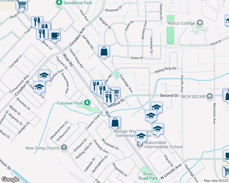 map of restaurants, bars, coffee shops, grocery stores, and more near 1966 Trotter Trail in Norco