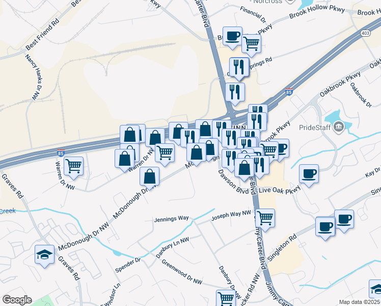 map of restaurants, bars, coffee shops, grocery stores, and more near 6235 McDonough Drive Northwest in Norcross