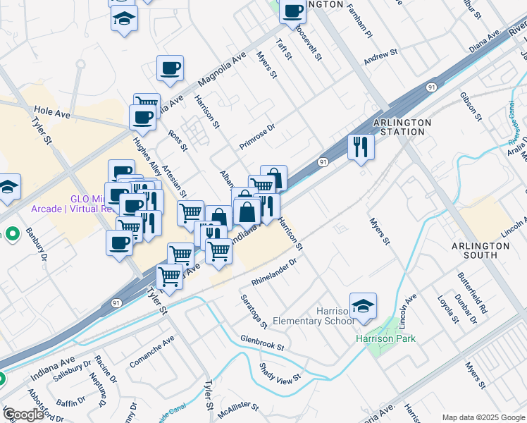 map of restaurants, bars, coffee shops, grocery stores, and more near 3462 Harrison Street in Riverside