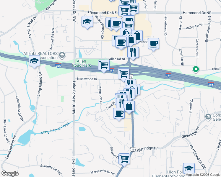 map of restaurants, bars, coffee shops, grocery stores, and more near 145 Northwood Drive in Atlanta