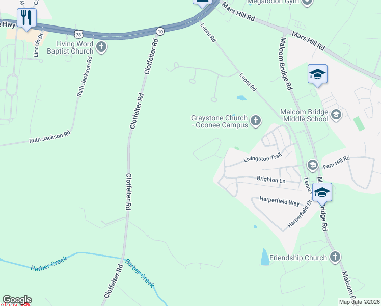 map of restaurants, bars, coffee shops, grocery stores, and more near 1271 Binghampton Circle in Bogart