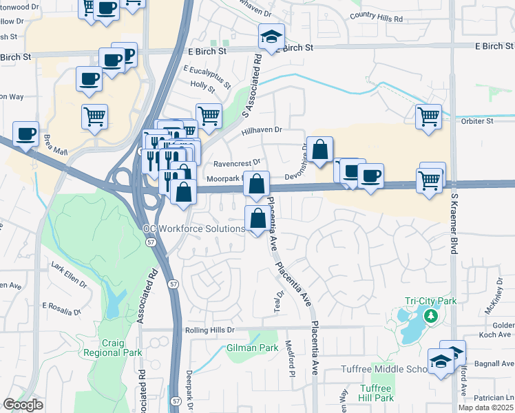 map of restaurants, bars, coffee shops, grocery stores, and more near 1800 East Imperial Highway in Brea