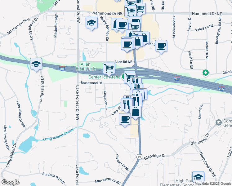 map of restaurants, bars, coffee shops, grocery stores, and more near 145 Northwood Drive in Atlanta