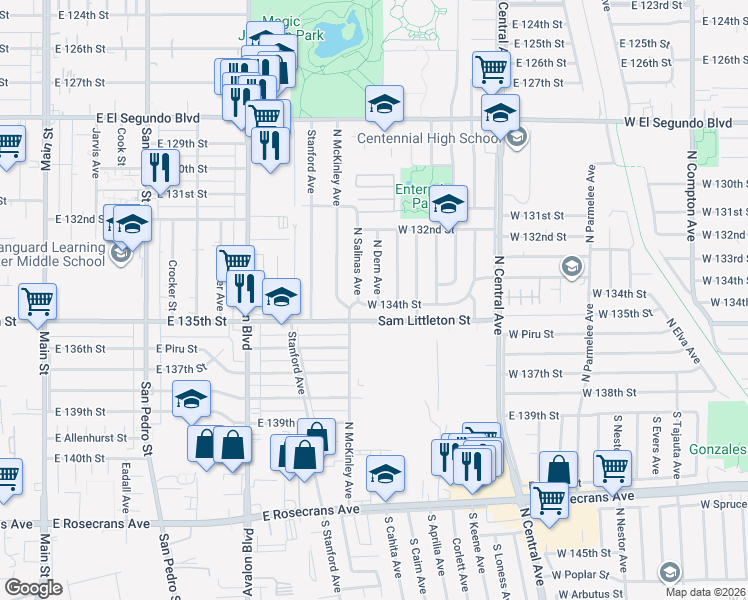 map of restaurants, bars, coffee shops, grocery stores, and more near 1903 North Dern Avenue in Los Angeles