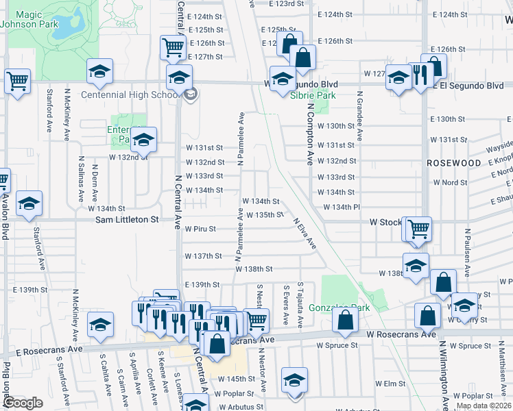 map of restaurants, bars, coffee shops, grocery stores, and more near 1418 West 134th Street in Compton