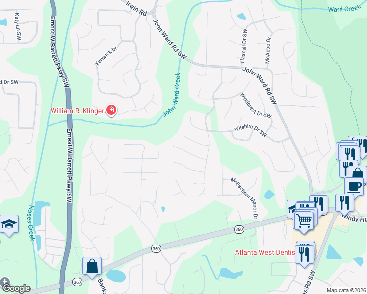 map of restaurants, bars, coffee shops, grocery stores, and more near 2150 Kensington Court Southwest in Marietta