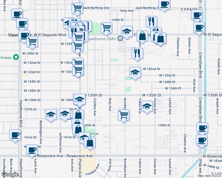 map of restaurants, bars, coffee shops, grocery stores, and more near 13436 Doty Avenue in Hawthorne