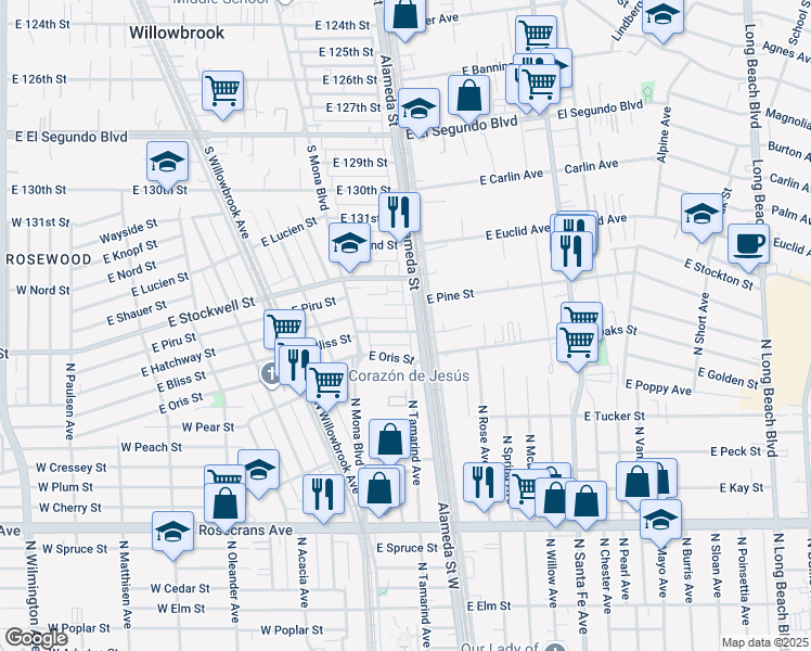 map of restaurants, bars, coffee shops, grocery stores, and more near 2615 East 135th Street in Compton