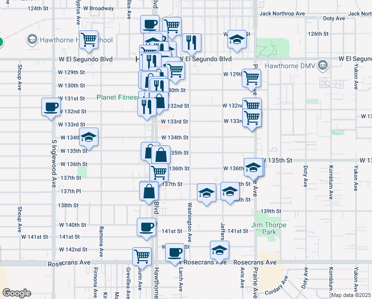 map of restaurants, bars, coffee shops, grocery stores, and more near 4309 West 135th Street in Hawthorne