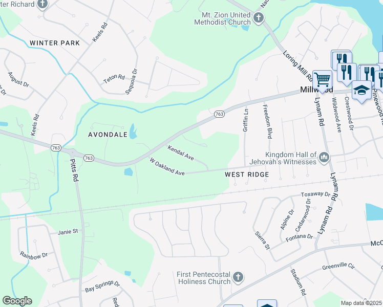 map of restaurants, bars, coffee shops, grocery stores, and more near 345 Kendal Avenue in Sumter