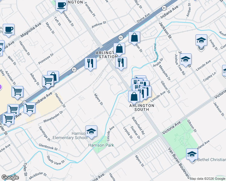 map of restaurants, bars, coffee shops, grocery stores, and more near 3100 Van Buren Boulevard in Riverside