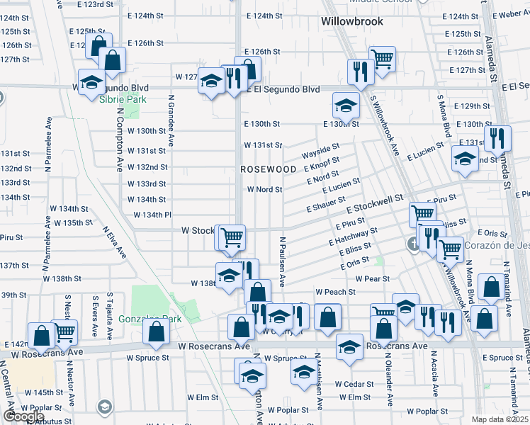 map of restaurants, bars, coffee shops, grocery stores, and more near 1919 North Grape Avenue in Compton