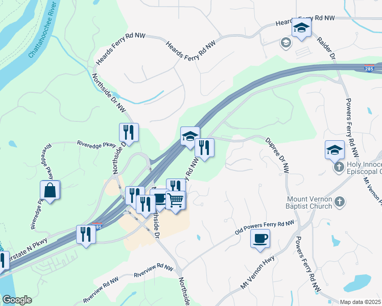 map of restaurants, bars, coffee shops, grocery stores, and more near 6151 Powers Ferry Road Northwest in Sandy Springs