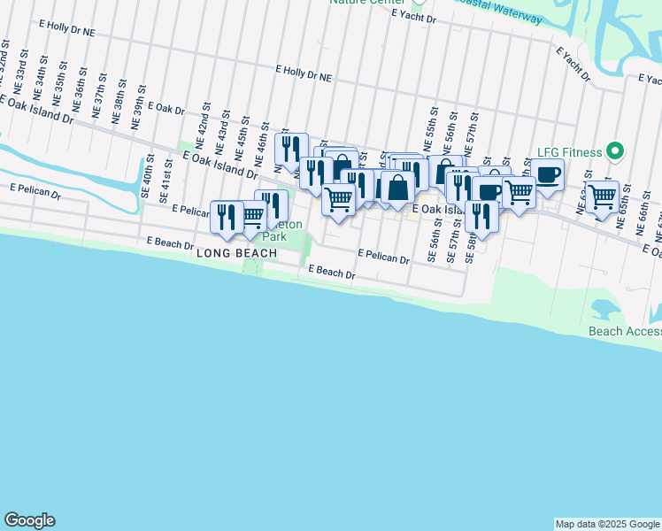 map of restaurants, bars, coffee shops, grocery stores, and more near 5203 East Pelican Drive in Oak Island
