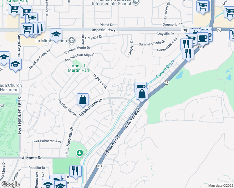 map of restaurants, bars, coffee shops, grocery stores, and more near 16411 Omally Court in La Mirada