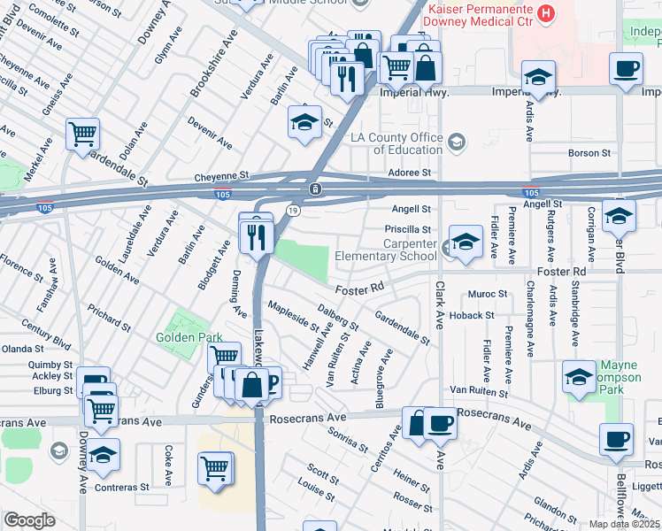map of restaurants, bars, coffee shops, grocery stores, and more near 9073 Gardendale Street in Downey