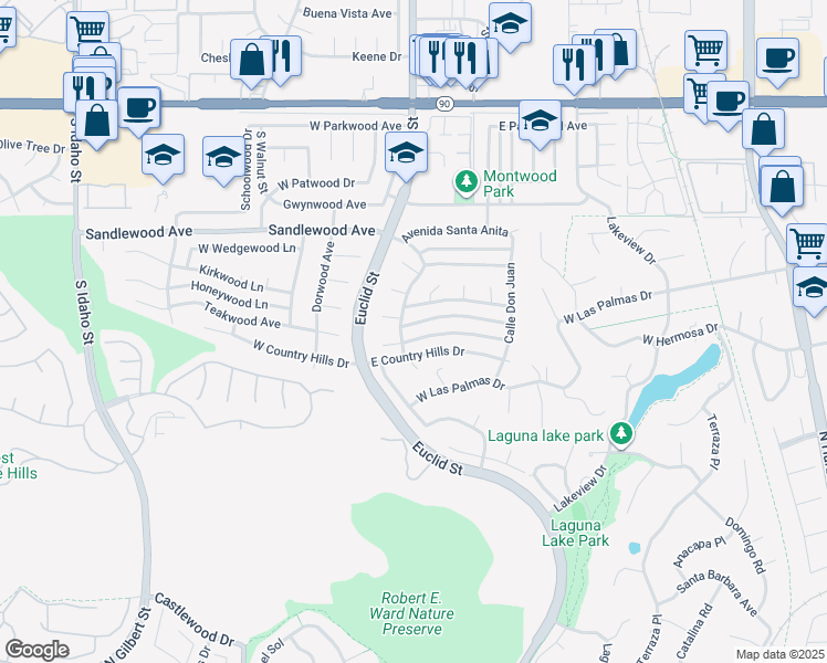 map of restaurants, bars, coffee shops, grocery stores, and more near 201 Avenida Santa Dorotea in La Habra