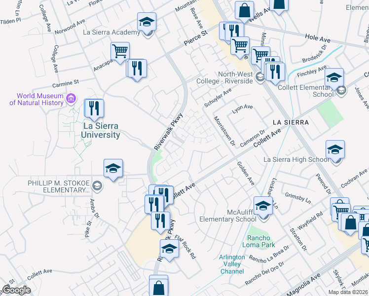 map of restaurants, bars, coffee shops, grocery stores, and more near 4483 Brookbridge Drive in Riverside