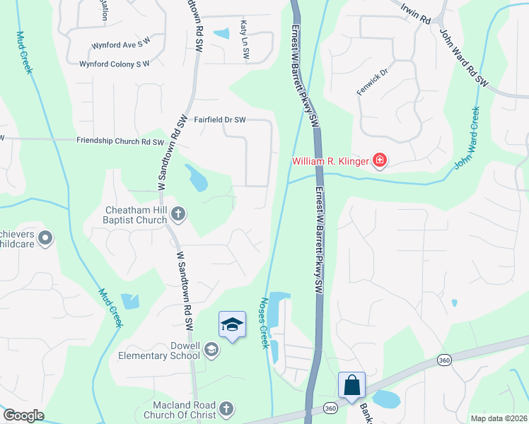 map of restaurants, bars, coffee shops, grocery stores, and more near 2492 Fairfield Court Southwest in Marietta