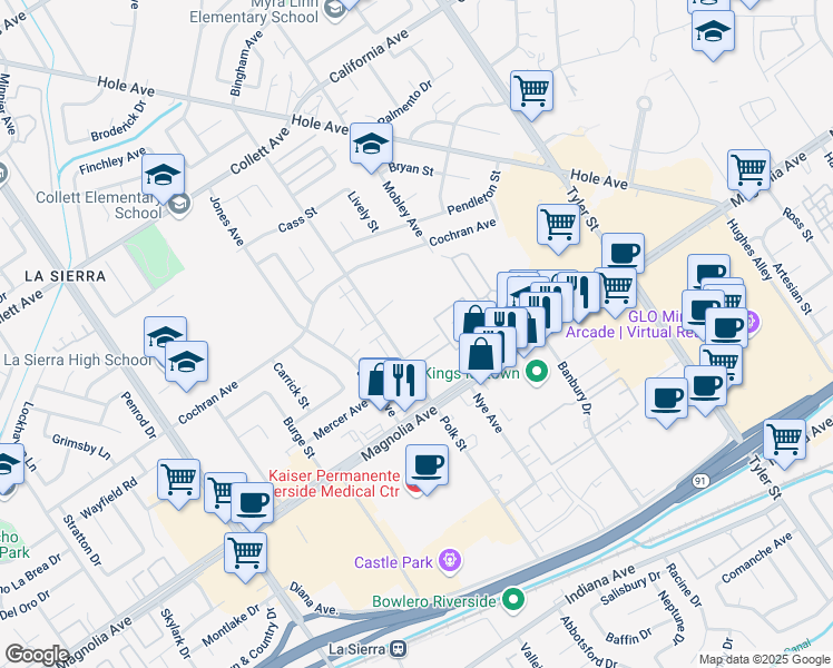 map of restaurants, bars, coffee shops, grocery stores, and more near 3891 Polk Street in Riverside